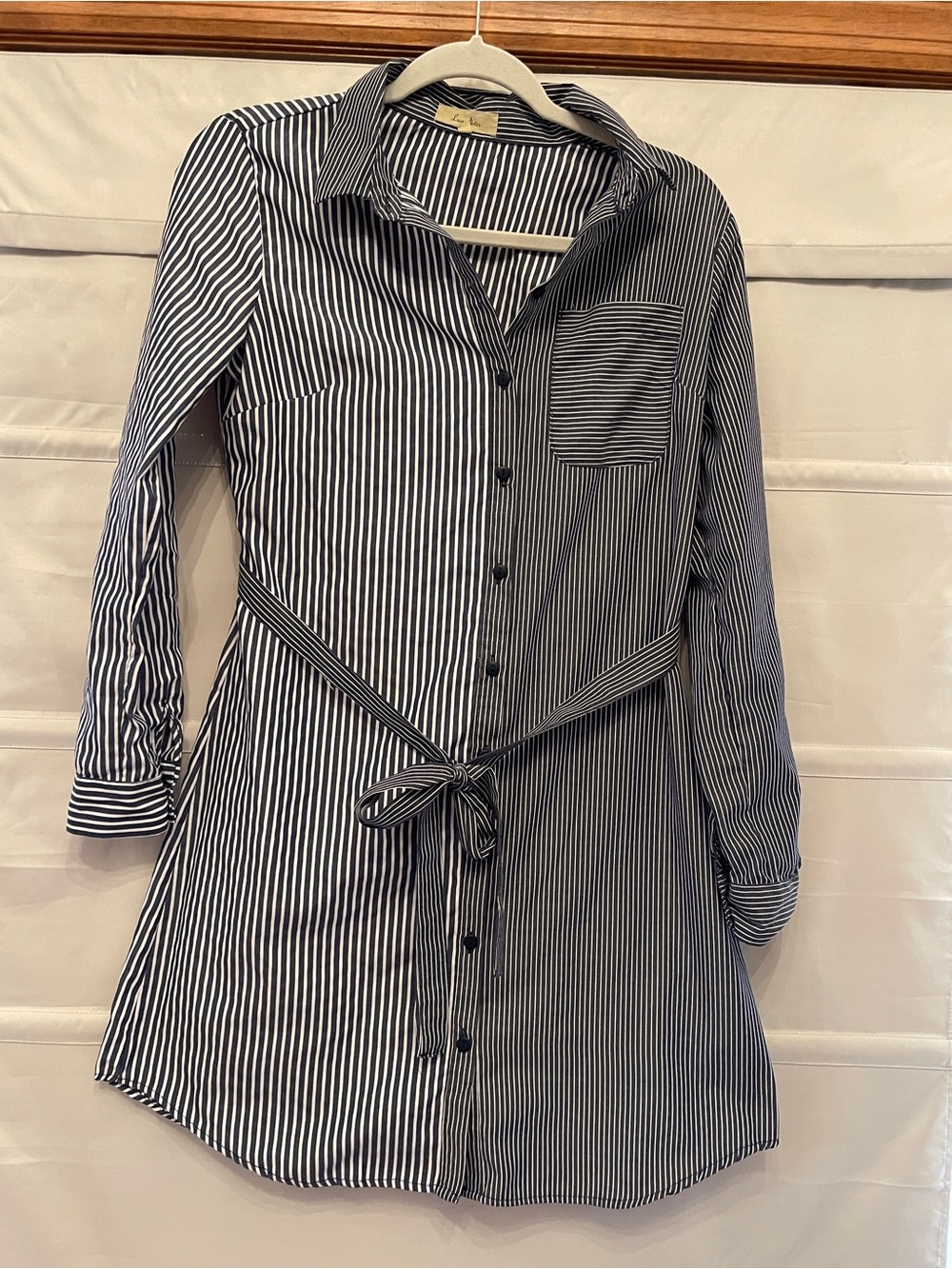 Love Notes Navy & White Striped Tie-Waist Shirt Dress